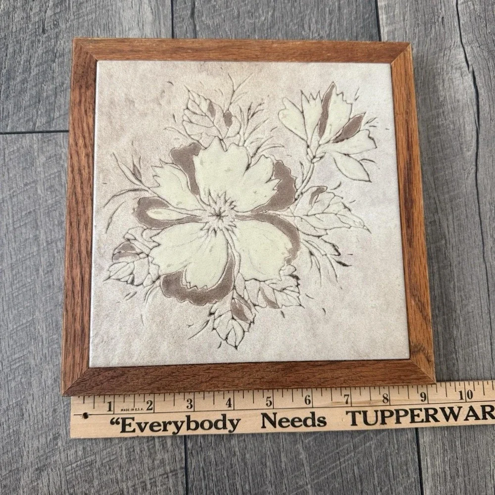 Vintage 80s Italian Floral Ceramic Tile Trivet Wood Frame Cottage Core Decor 9x9